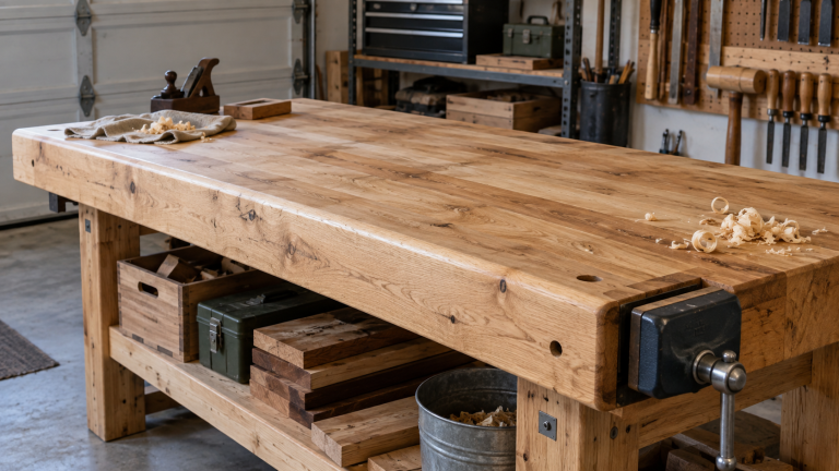 Wooden workbench top with a closed bench vise