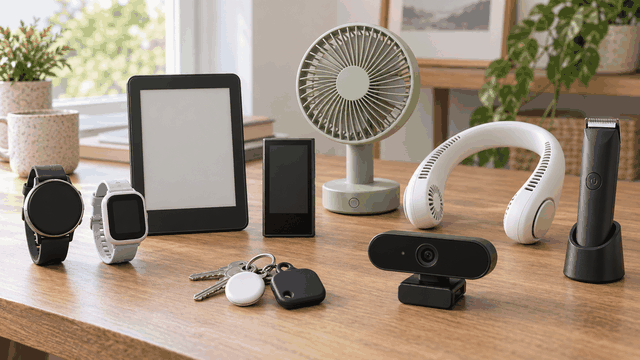 Watches, e-reader, music player, desk/neck fans, webcam, trackers and trimmer.