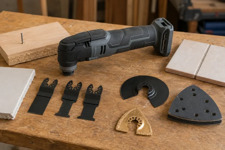 Cordless oscillating multi-tool with plunge blades, segmented blades and sanding pad beside wood, drywall and tiles