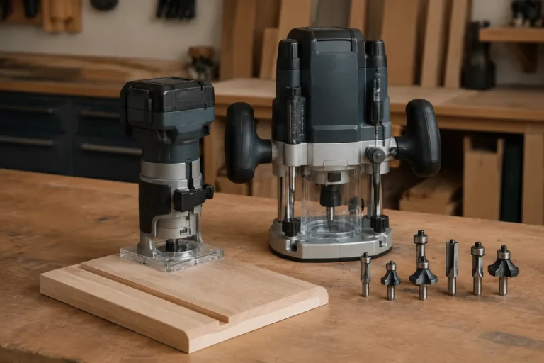 Compact trim router, plunge router and router bits beside a board with a rounded edge and groove