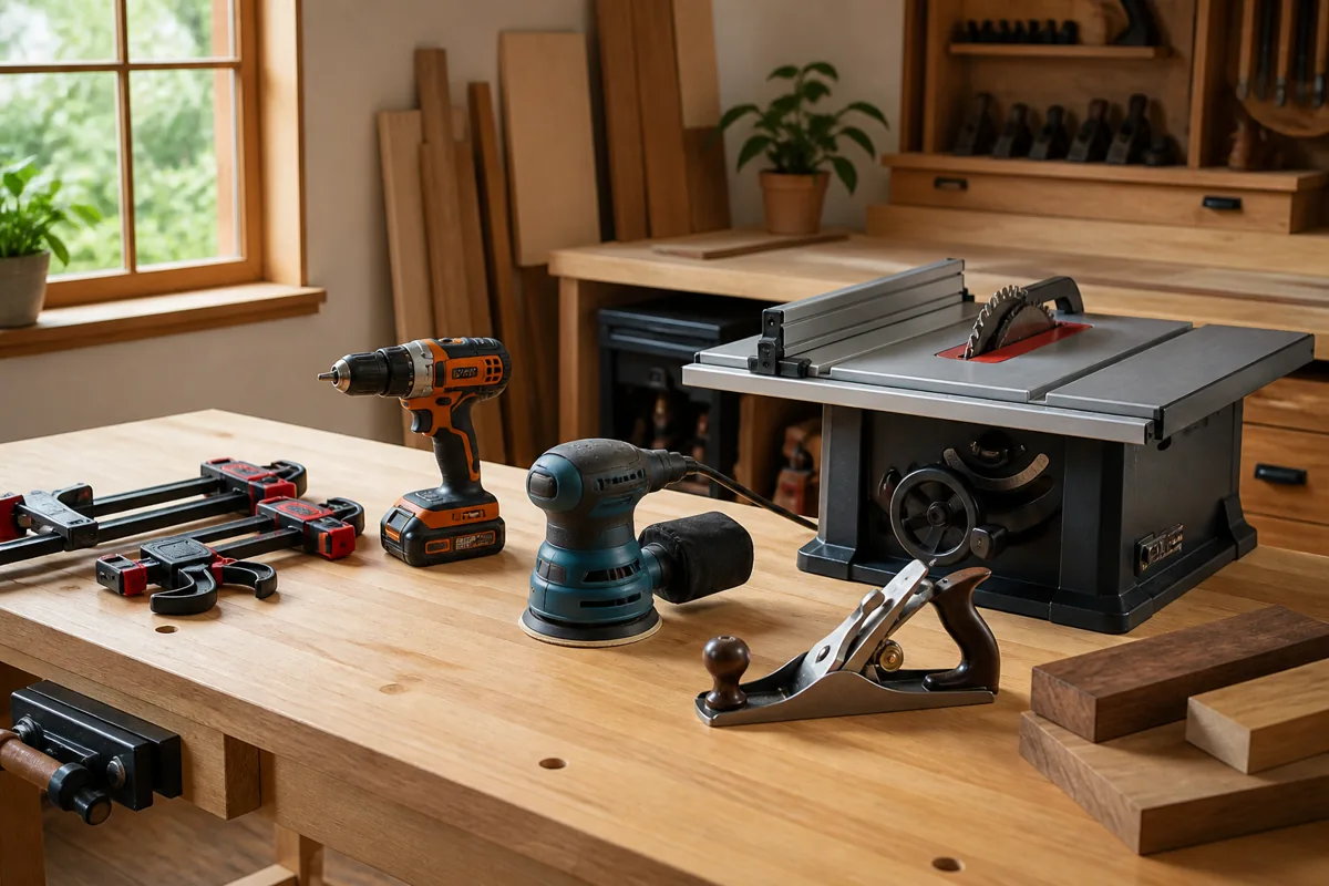 Compact table saw, cordless drill, orbital sander, clamps and hand plane on a woodworking bench