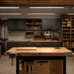 Suspended LED shop lights and an adjustable task lamp illuminating a woodworking bench