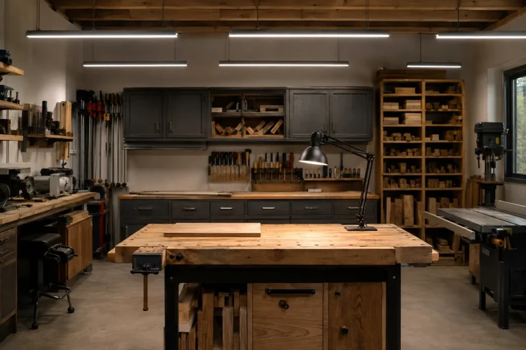 Suspended LED shop lights and an adjustable task lamp illuminating a woodworking bench