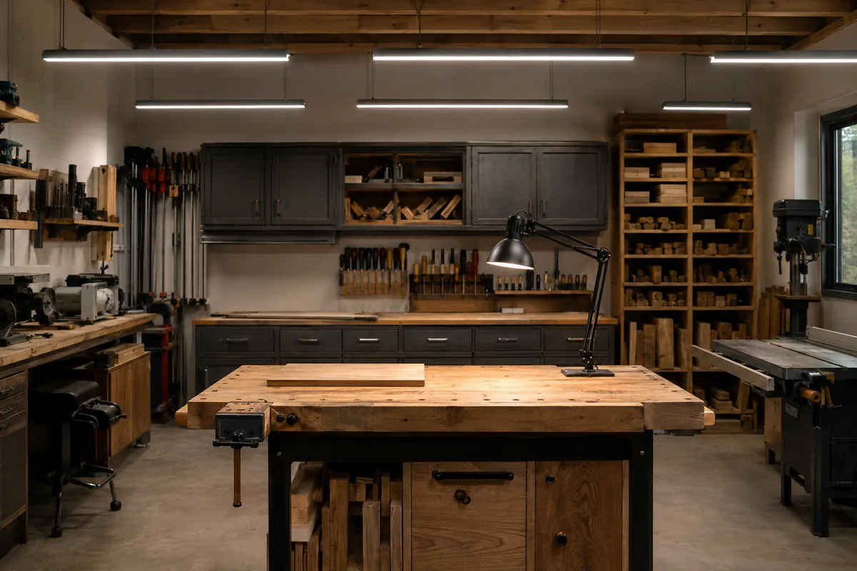 Suspended LED shop lights and an adjustable task lamp illuminating a woodworking bench